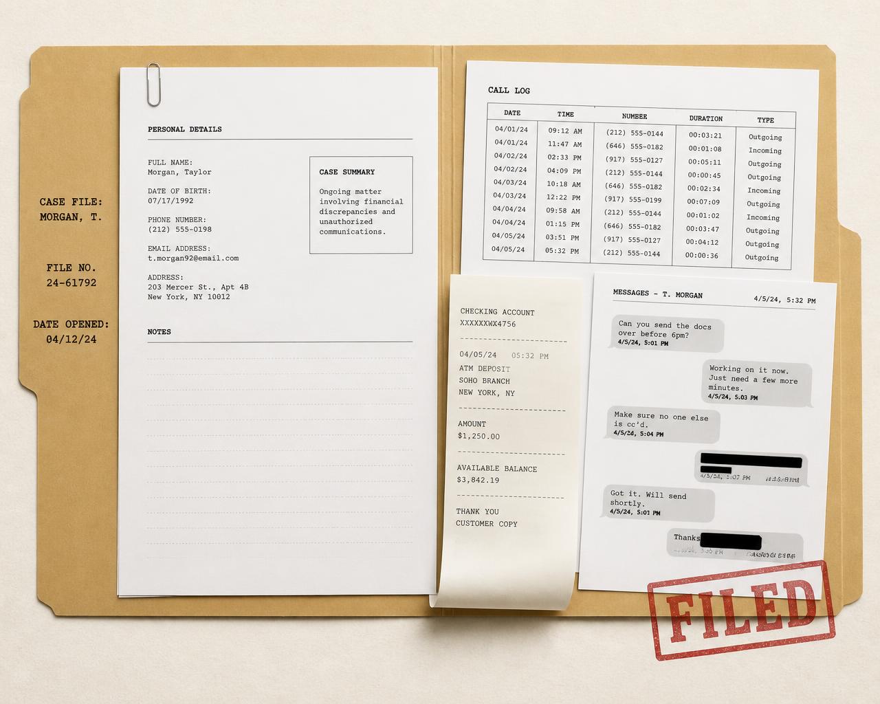 An open manila case file with a call log, conversation recap, printed receipt, and a redacted message transcript stamped FILED